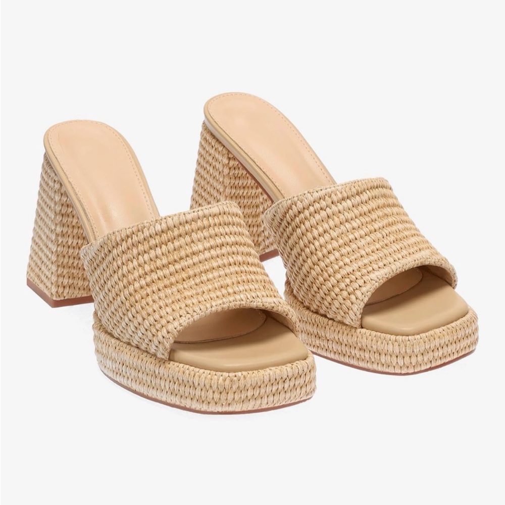 NWT Elegant Tan Woven Raffia Platform Wedge Espadrilles Sandals Heels - Picture 5 of 11
